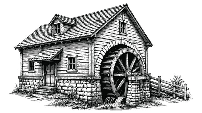 Historic watermill with large wheel and stone foundation