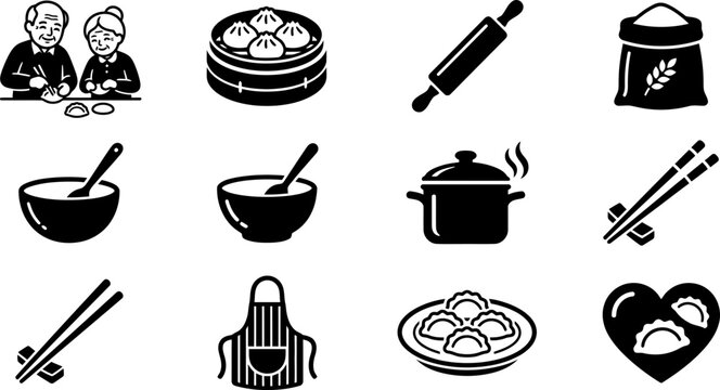 Set of monochrome kitchen and cooking icons related to Asian dumpling preparation.