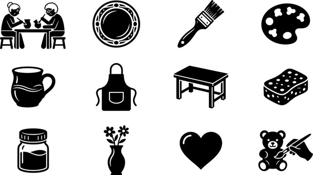 Set of black and white artistic craft and hobby icons.
