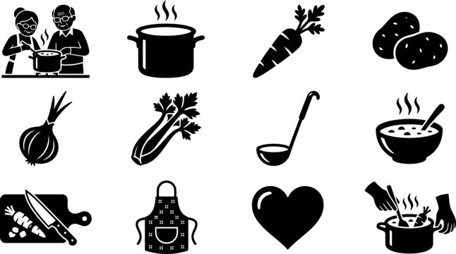 Set of cooking and healthy food preparation icons.