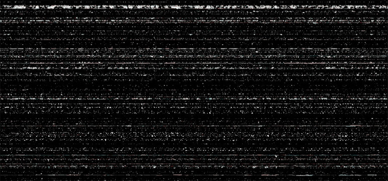 TV Screen Glitch Effect with Static Noise Texture. Digital Overlay Pattern for Retro VHS Video Backgrounds. Black Vector Vintage Television Distortion Filter.