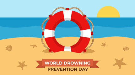 Life Ring Buoy Resting on Beach Sand - Flat Vector Illustration for World Drowning Prevention Day © Bima