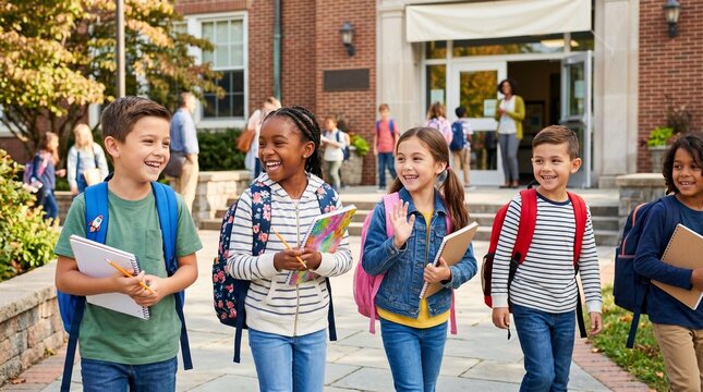 A group of schoolchildren with backpacks goes to class in front of the school building.