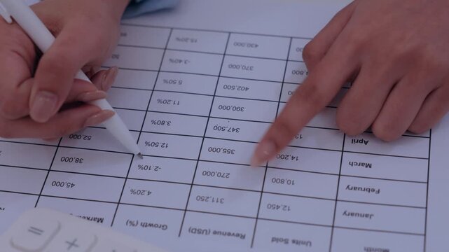 Business report financial chart revenue growth spreadsheet pen hand data planning budget sales review office finance document closeup table analysis calculator paper workflow focused gesture