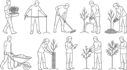 Obraz premium Gardener Activity CAD Vector Collection with Tree Planting and Landscape Maintenance Illustrations