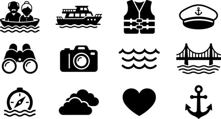 Set of nautical and travel themed vector icons in flat black style. © gunko