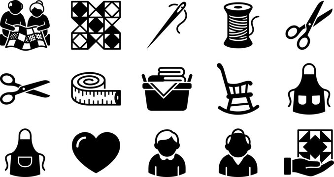 Set of black and white icons for quilting and sewing crafts.