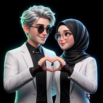 Cute 3D Animated Muslim Couple Making A Heart Shape With Hands