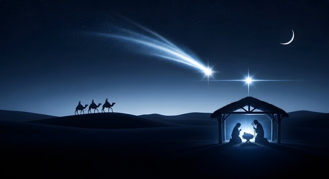 Nativity scene with stable and camels in night sky