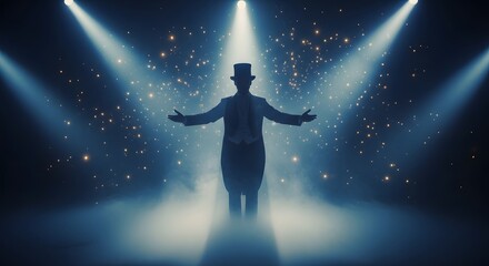 Obraz premium Silhouette of performer in hat on stage with spotlights