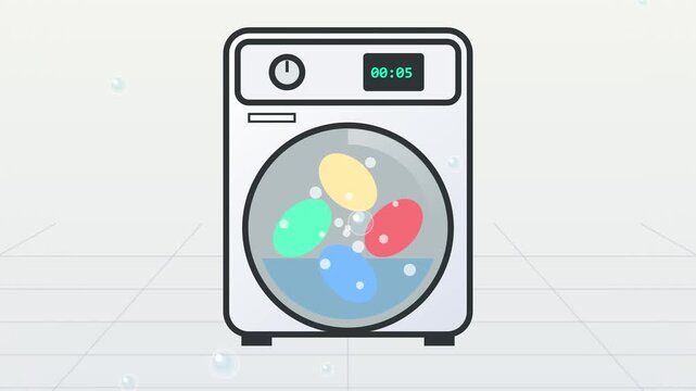 Pixel art washing machine with colorful laundry tumbling inside, domestic appliance for cleaning clothes, cycle running