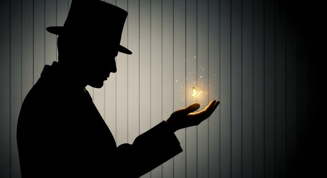 Silhouette of man in top hat with glowing butterfly
