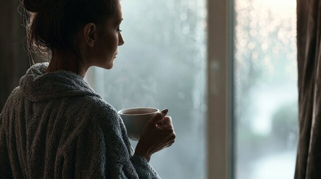 Back view of a person in a warm bath robe holding tea while looking out a bright window