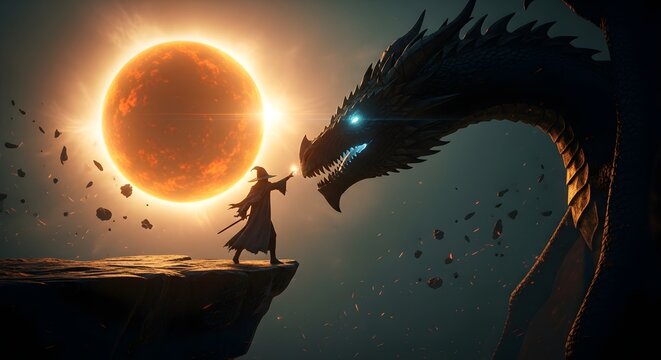 Wizard confronting dragon in front of sun