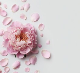 Fototapeta premium Pink peony flower head surrounded by scattered petals on a minimalist white background with botanical romantic minimalist background scattered composition decorative fragrant petalless