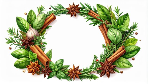Circular Wreath Frame of Fresh Herb Sprigs and Spices with Rosemary Cinnamon Sticks and Star Anise on White