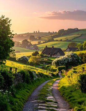 Stone Path Winding Through Green Hills Towards a Cottage at Sunset