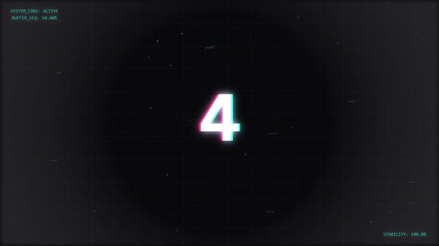 Digital countdown timer with glitch effect, numbers appear with retro screen scanlines and digital noise, electronic timer for show