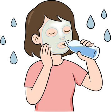 마스크팩을 하고 수분을 보충하는 피부관리 여성 일러스트