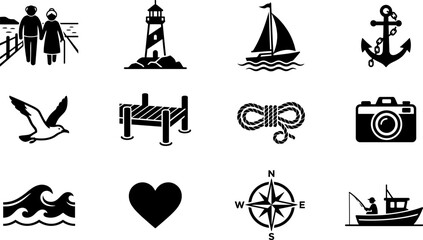 Set of nautical themed icons for travel and coastal adventures. © buggy