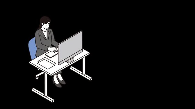 パソコン作業に困っているビジネスウーマンが笑顔になるイラストアニメーション・オフィスワーク動画