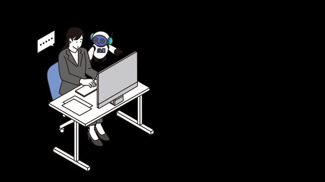 AIロボットとビジネスウーマンのイラストアニメーション・困った表情から笑顔になるまでの動画・オフィスでのAI活用シーン