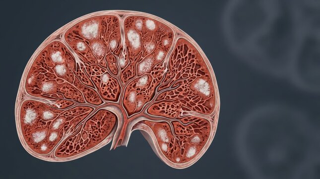 Polycystic Kidney Cross Section: The bisected diseased kidney rests prominently displaying numerous pale cysts throughout its intricate internal tissue against a dark grey background in image