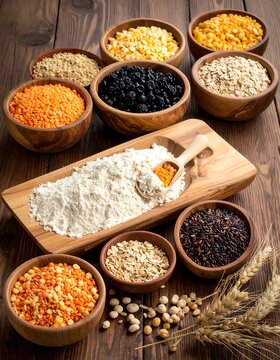 Bowls of Grains and Seeds Arranged on a Wooden Table