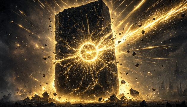 Explosive golden energy bursting from a dark stone monolith monument