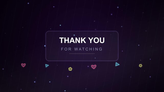 Animated 'thank you for watching' text with glitch effect, surrounded by small colorful shapes and pixelated particles on a dark purple grid background