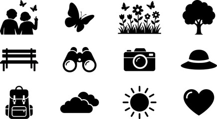 Set of travel and nature themed black silhouette icons. © Alvina