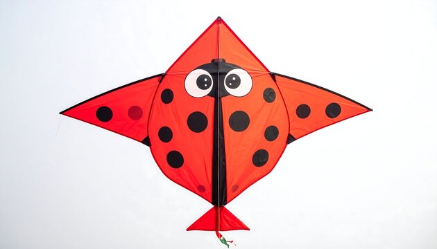 A whimsical, bright red kite shaped like a ladybug, complete with black spots and googly eyes, floats against a clear sky