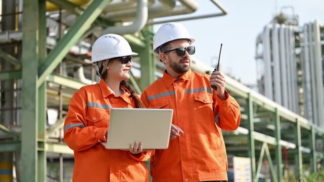 Industrial engineers collaborating on laptop at refinery plant
