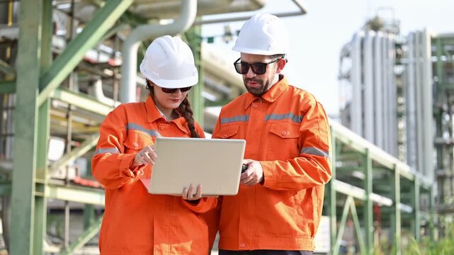Industrial engineers collaborating on laptop at refinery plant