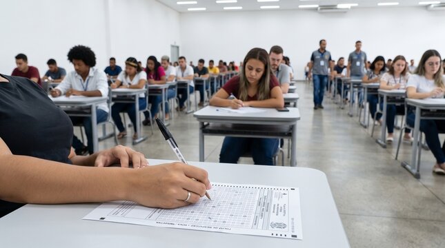 Commercial side-angle lifestyle and education photography of students sitting at classroom desks taking a standardized exam with yellow pencils &ndash; premium university branding, test preparation marketin