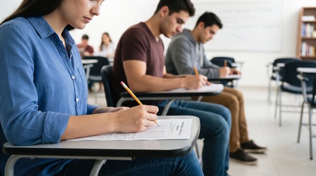 Commercial side-angle lifestyle and education photography of students sitting at classroom desks taking a standardized exam with yellow pencils &ndash; premium university branding, test preparation marketin