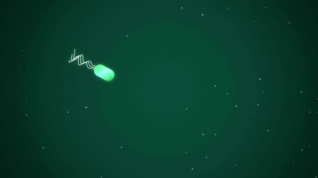 glowing green bacterium with flagellum swimming in dark green fluid, medical microscopy, science concept, microscopic world