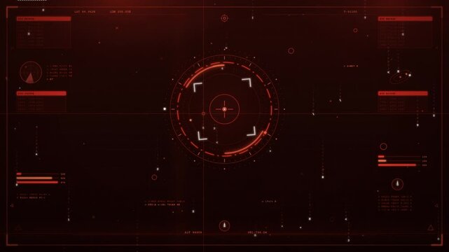 Red futuristic heads up display with targeting crosshairs and rotating radar elements