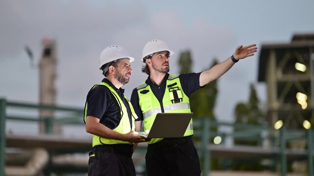 Two industrial engineers discussing project at factory site