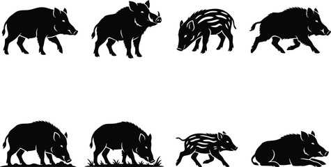 Vector silhouette collection of wild boars, feral hogs, and striped piglets in various walking, running, and resting poses © Rokon