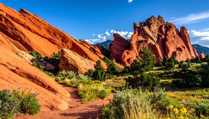 Naklejka premium Red Rock Formations Towering Over a Desert Path Under Blue Sky