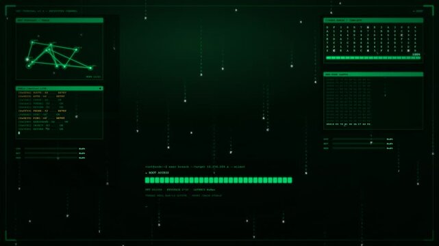 Green hacker computer interface tracking a network route and granting system access