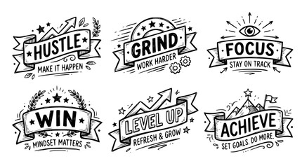 Fototapeta premium Hand drawn mindset productivity quote banner elements hustle grind focus win level up achieve, black ink sketch vector illustration 