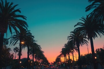 Fototapeta premium Low angle view of palm trees at sunset along a suburban street with california twilight silhouette tropical landscape vacation sunlight atmospheric peaceful relaxing paradise destination