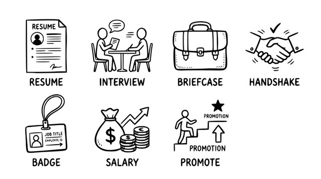 Hand drawn career job search icons resume interview briefcase handshake badge salary promote, black ink sketch vector illustration