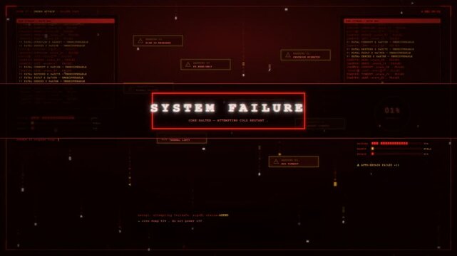 Red futuristic computer interface displaying a critical system failure with warning alerts