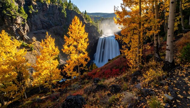 Waterfall Cascading Through Autumn Forest Canyon