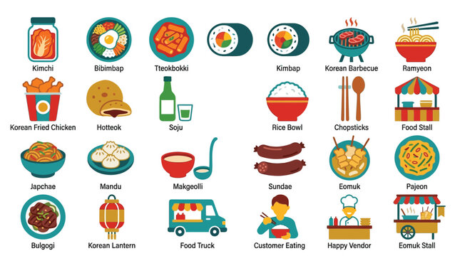 Collection of Korean Food and Cuisine Icons, Representing Various Dishes and Culinary Elements.
