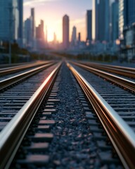 Fototapeta premium Parallel railway track leading toward a city