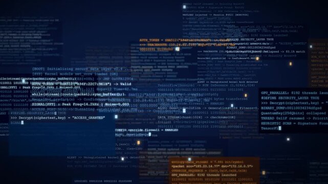Blue futuristic computer code scrolling in dark 3D cyberspace with data streams